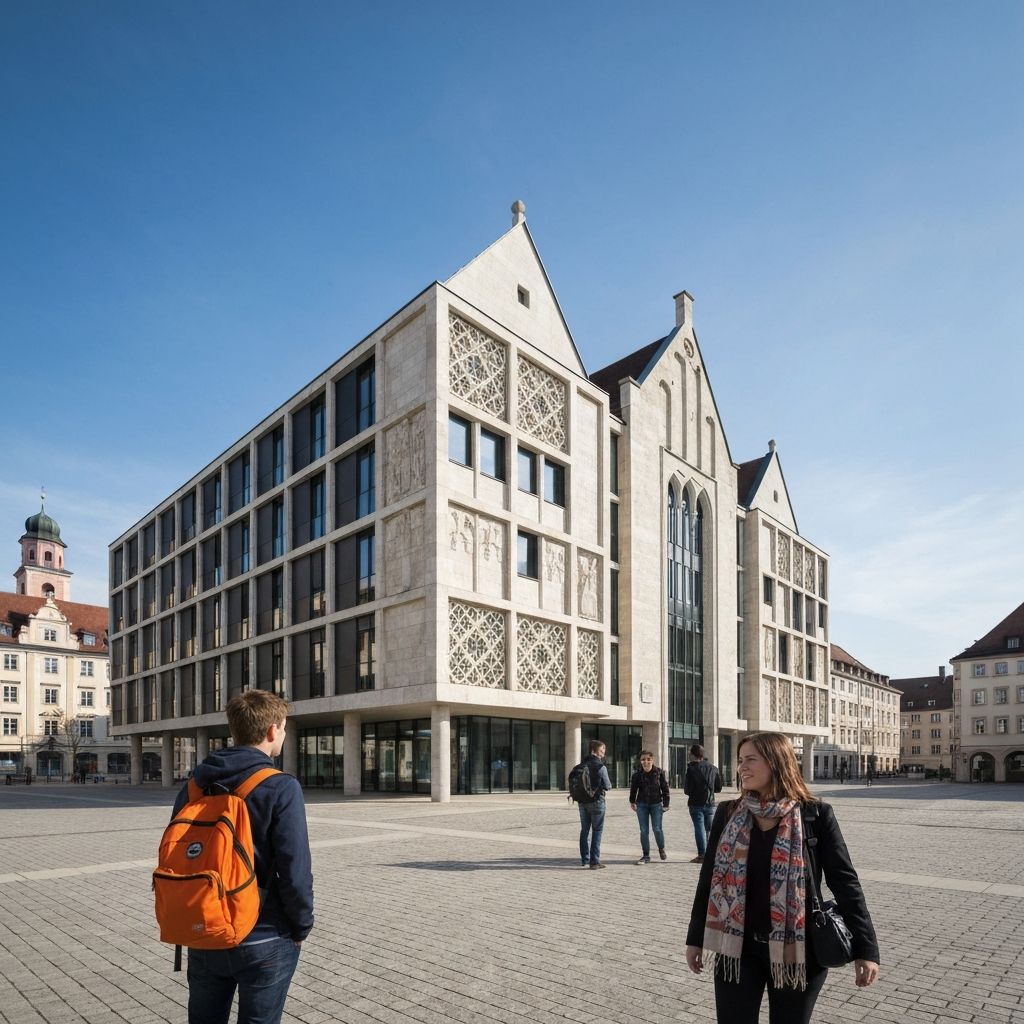 German university building with students